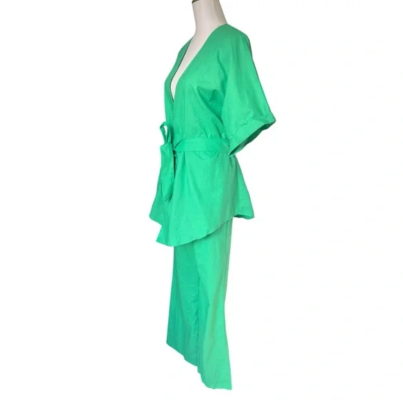 Commense Green Wide Leg Pants with Tie Waist - Picture 2 of 16